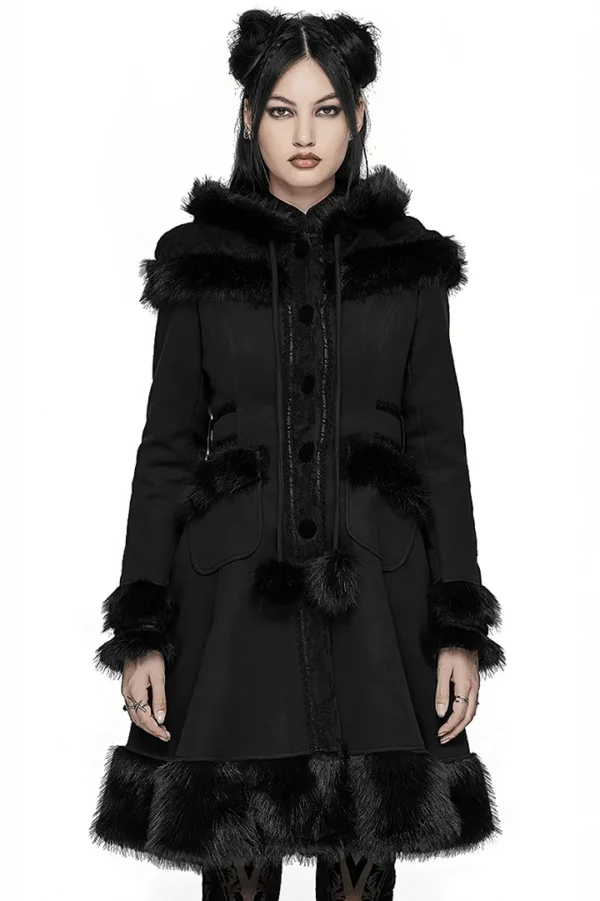 UK SALE of Women's Faux Fur-Trimmed Gothic Hooded Woolen Coat